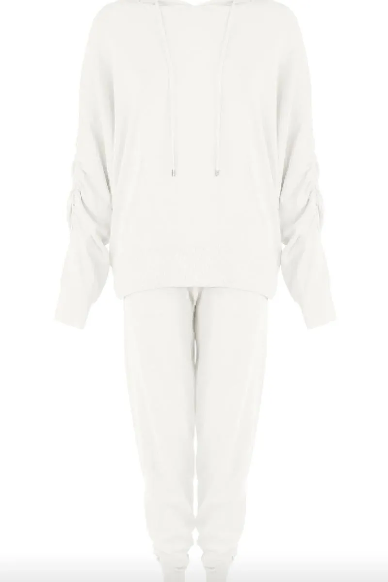 Mareena - Cream Ruched Hooded Knitted Loungewear Set