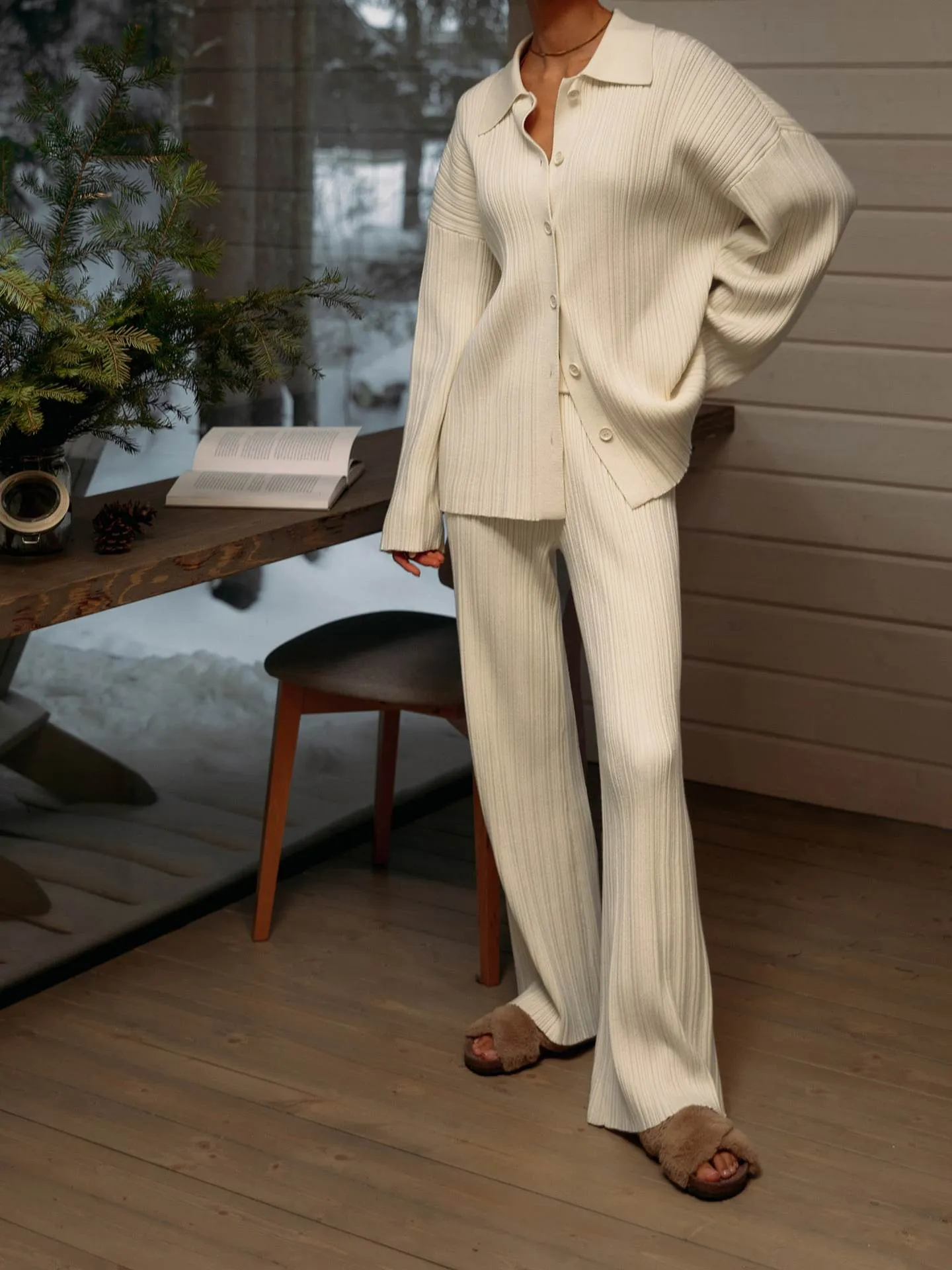 Marie 2 Piece Knitted Women Sweater and High Wide Leg Pant Suit