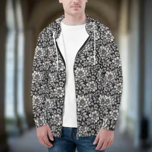 Mens Black and White Bloom Classic Zip Up Hoodie Warm Jacket