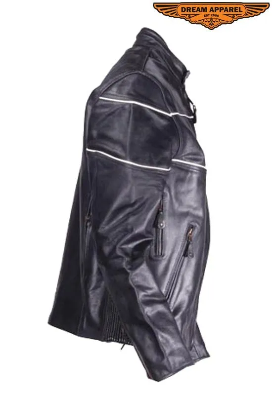 Men's Black Leather Motorcycle Jacket With Reflective Stripes