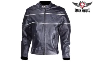 Men's Black Leather Motorcycle Jacket With Reflective Stripes