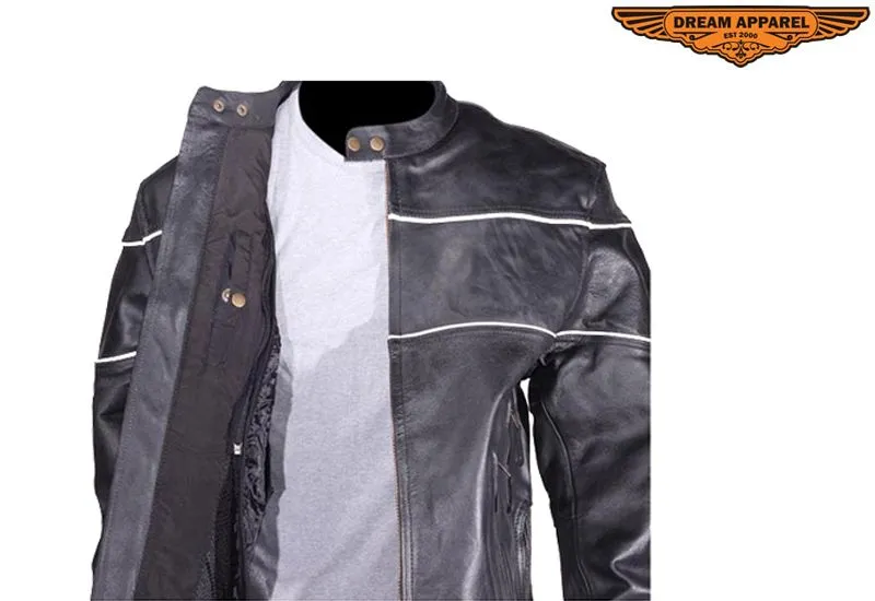 Men's Black Leather Motorcycle Jacket With Reflective Stripes