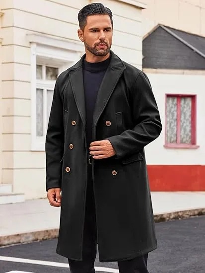 Men's Business Trench Wool Pea Black Coat