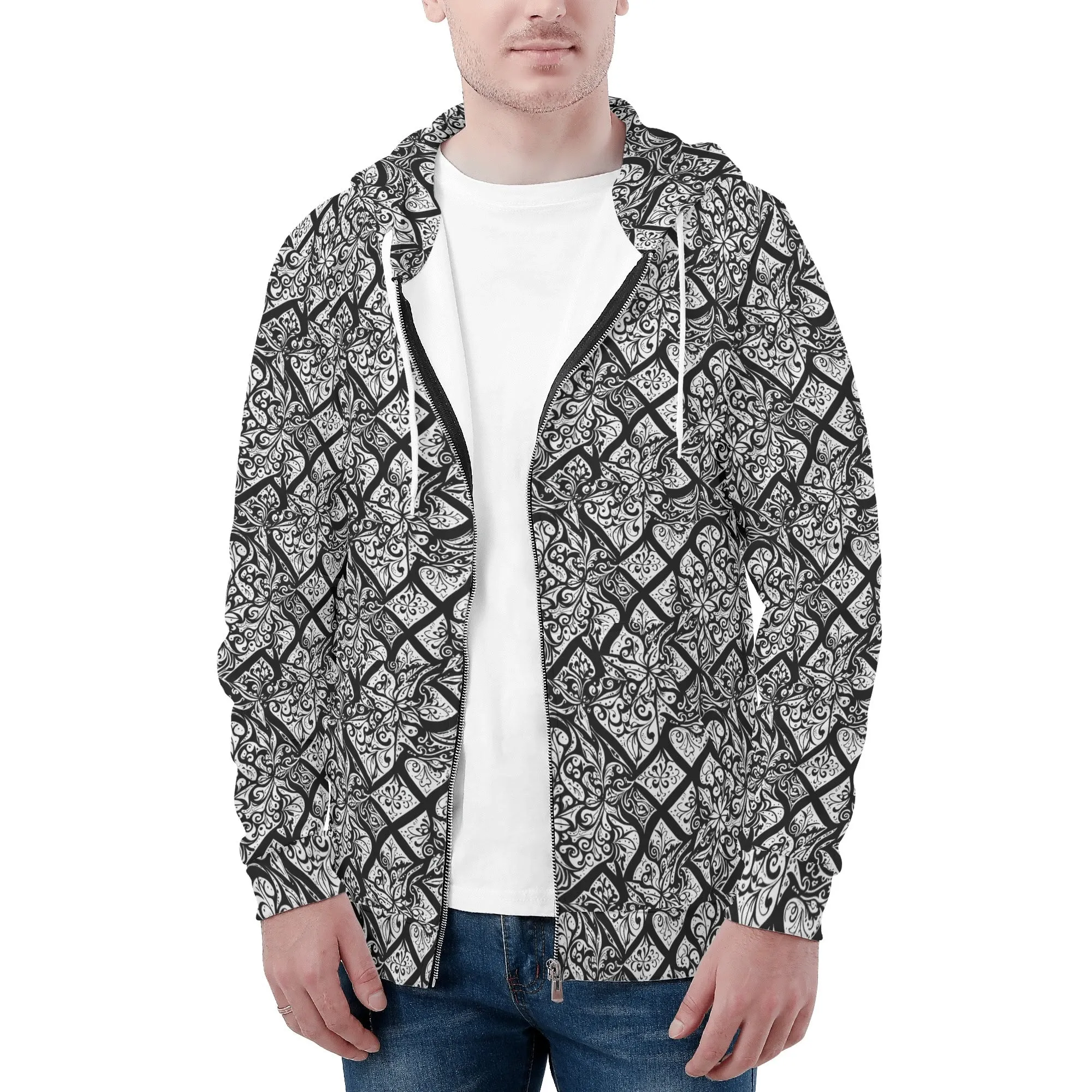 Mens Crosshatch Floral Classic Zip Up Hoodie Warm Jacket