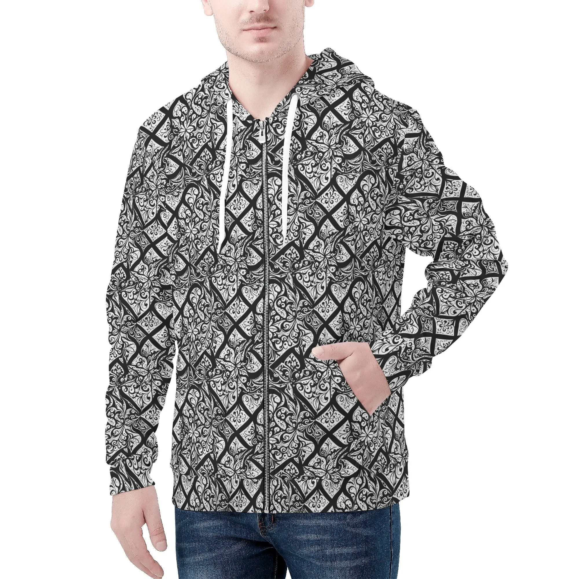 Mens Crosshatch Floral Classic Zip Up Hoodie Warm Jacket