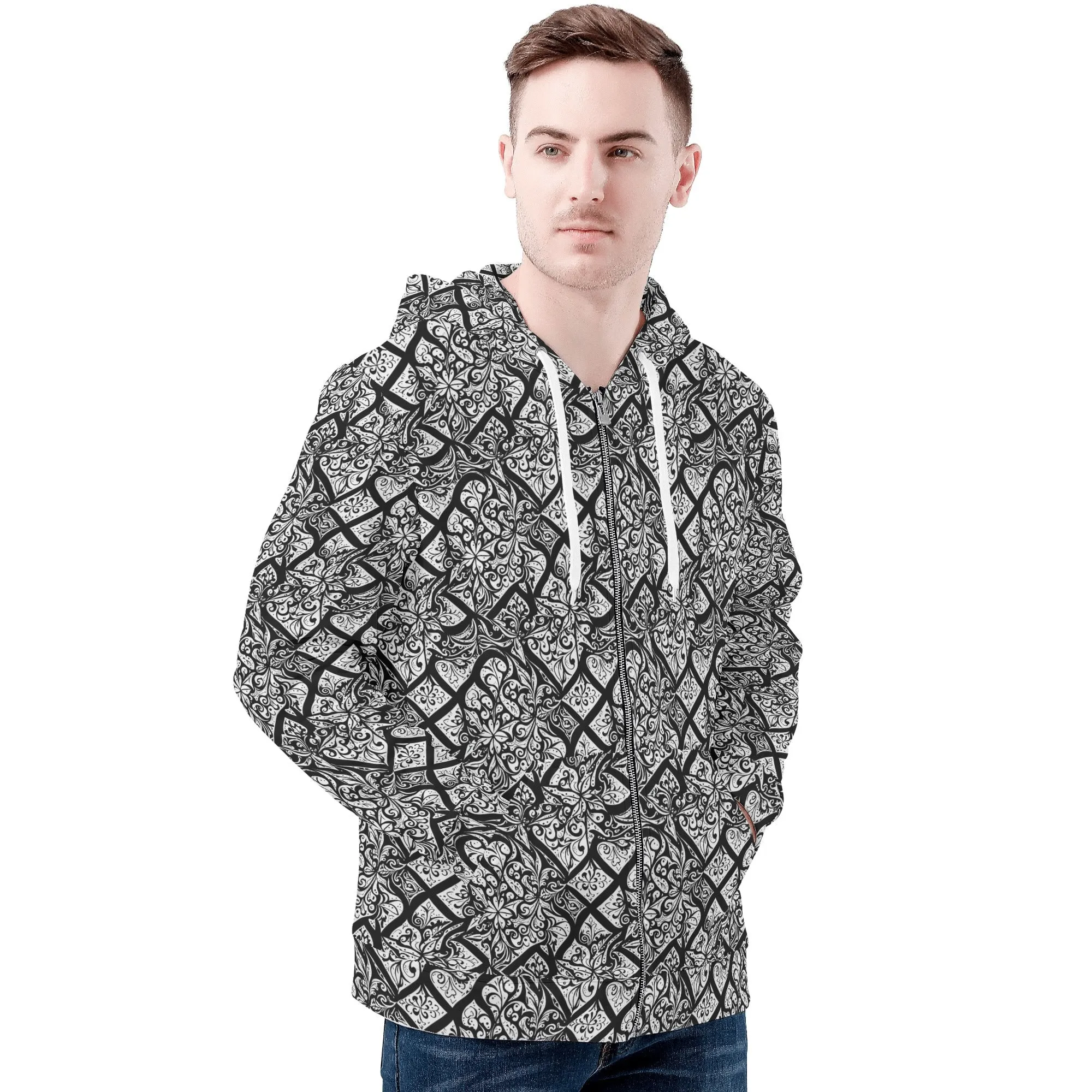 Mens Crosshatch Floral Classic Zip Up Hoodie Warm Jacket