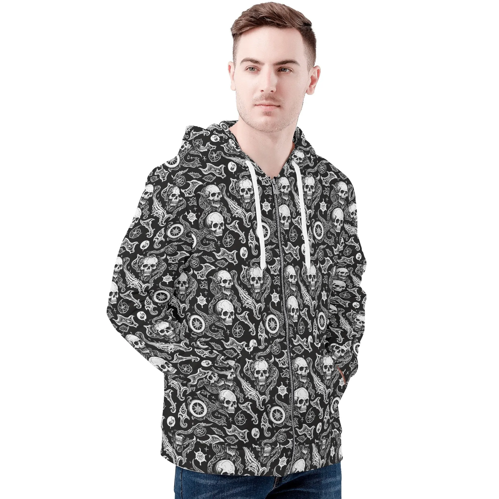 Mens Flying Skulls Classic Zip Up Hoodie Warm Jacket