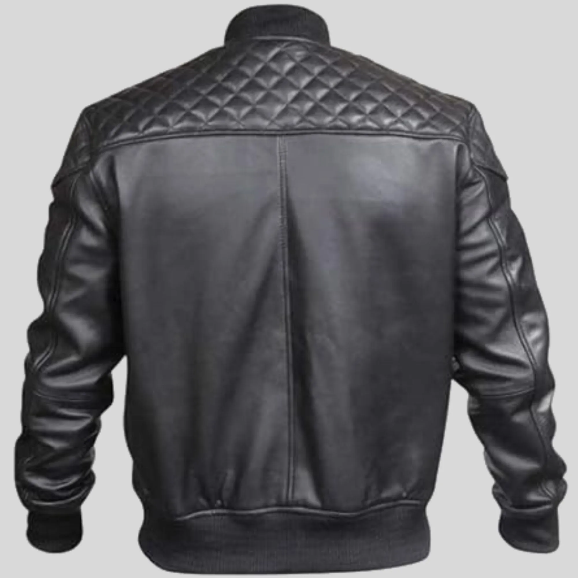 Men's Motorcycle Quilted Shoulder Rib Design Slim Fit Cafe Racer Biker Leather Jacket