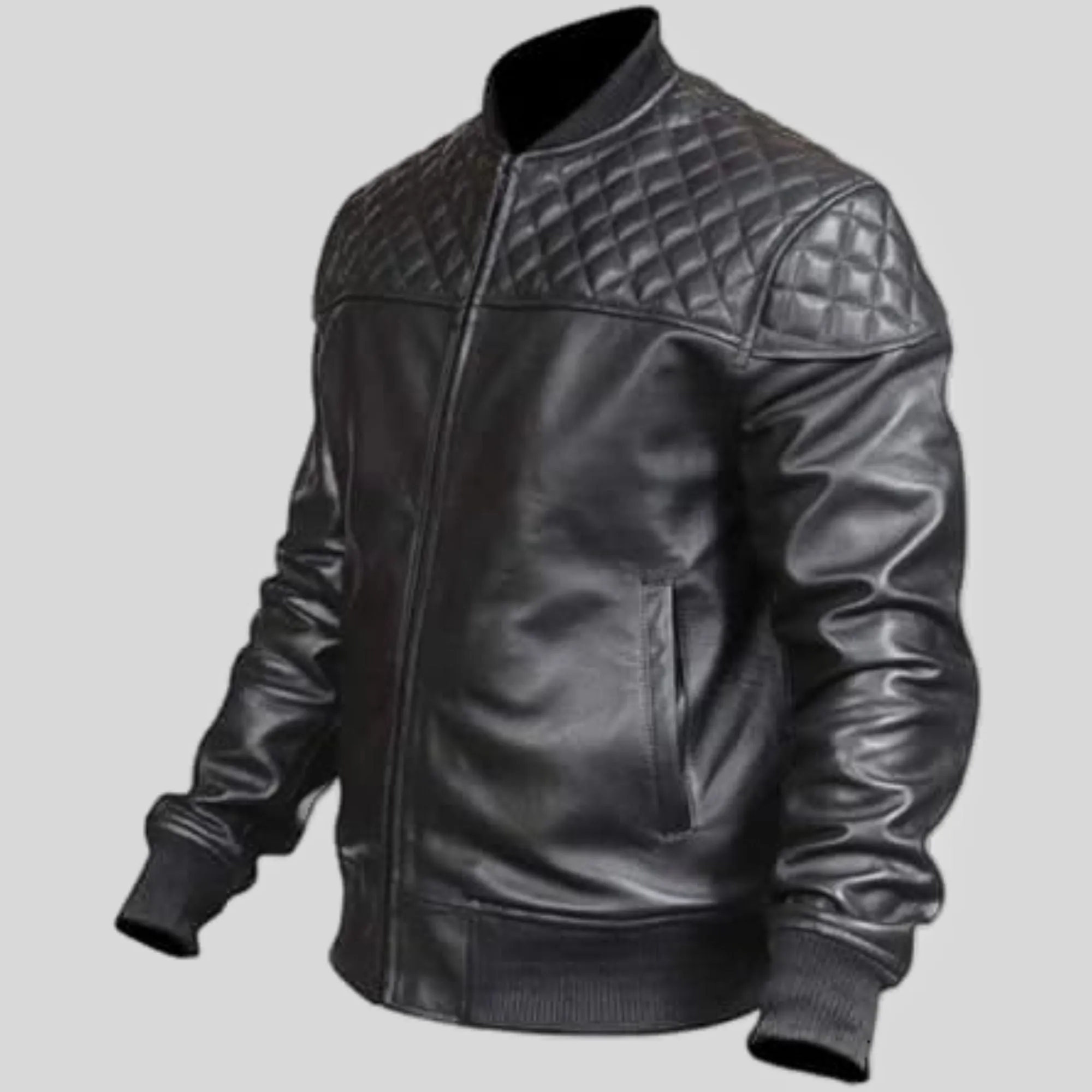 Men's Motorcycle Quilted Shoulder Rib Design Slim Fit Cafe Racer Biker Leather Jacket