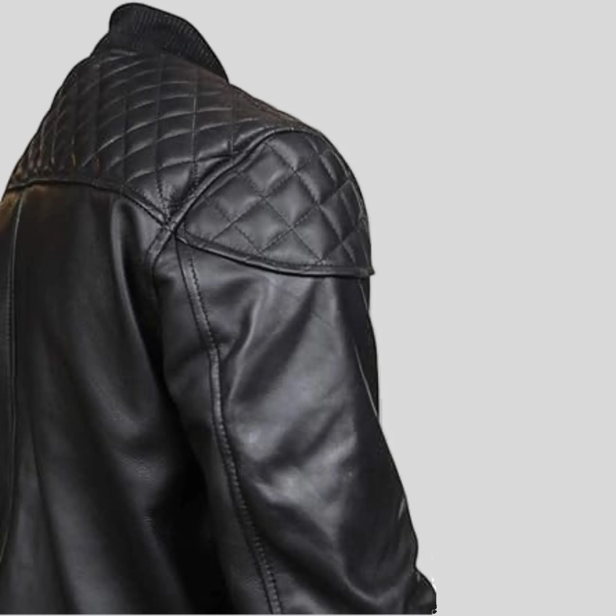 Men's Motorcycle Quilted Shoulder Rib Design Slim Fit Cafe Racer Biker Leather Jacket