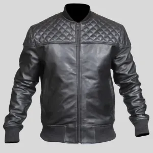 Men's Motorcycle Quilted Shoulder Rib Design Slim Fit Cafe Racer Biker Leather Jacket