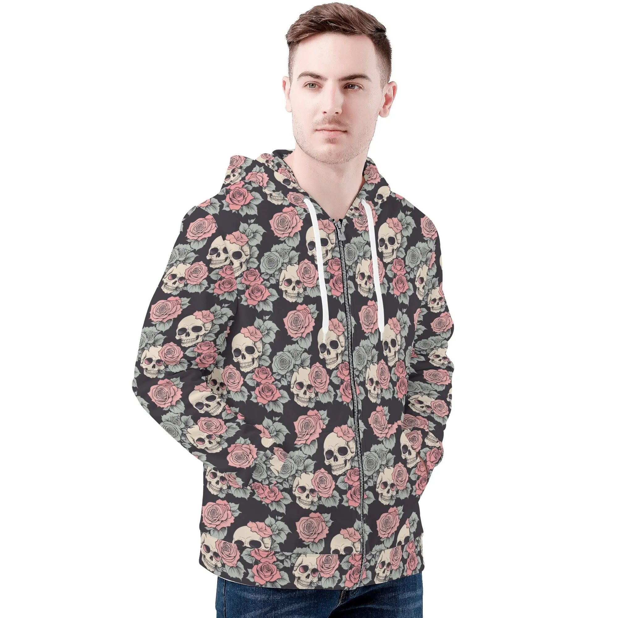 Mens Skull and Pink Rose Classic Zip Up Hoodie Warm Jacket