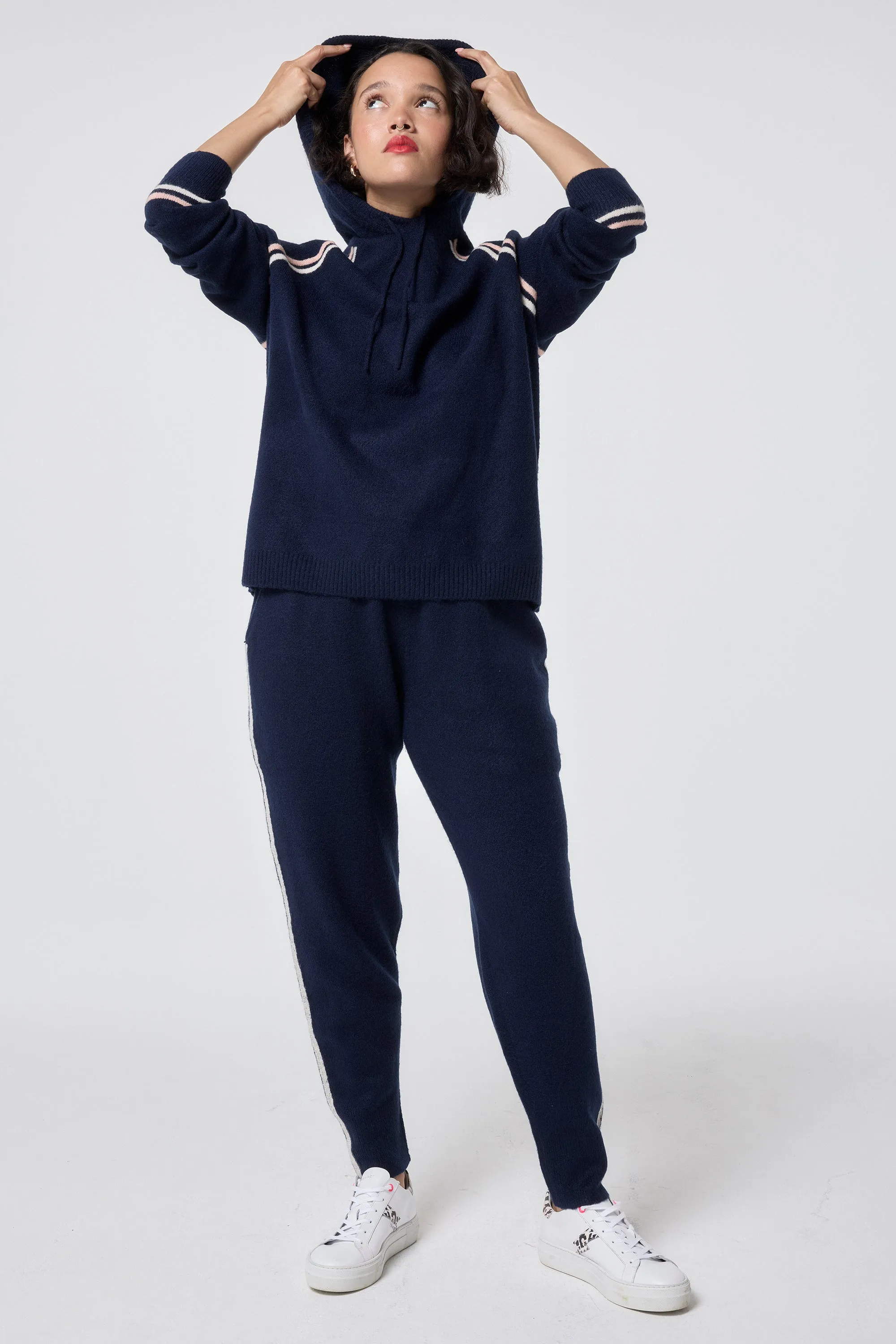 Navy with Ivory and Peach Stripe Knitted Lounge Wear Joggers