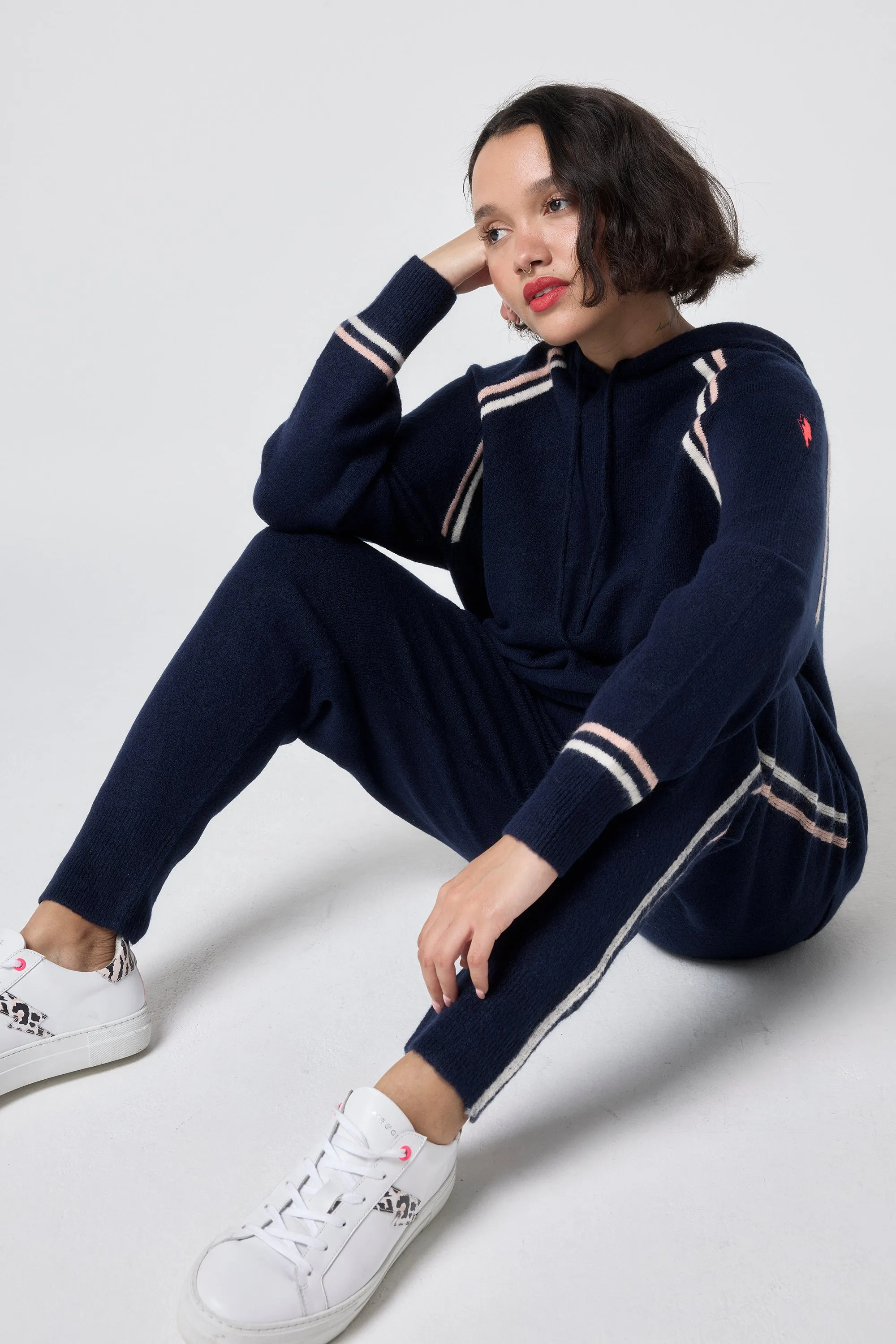 Navy with Ivory and Peach Stripe Knitted Lounge Wear Joggers