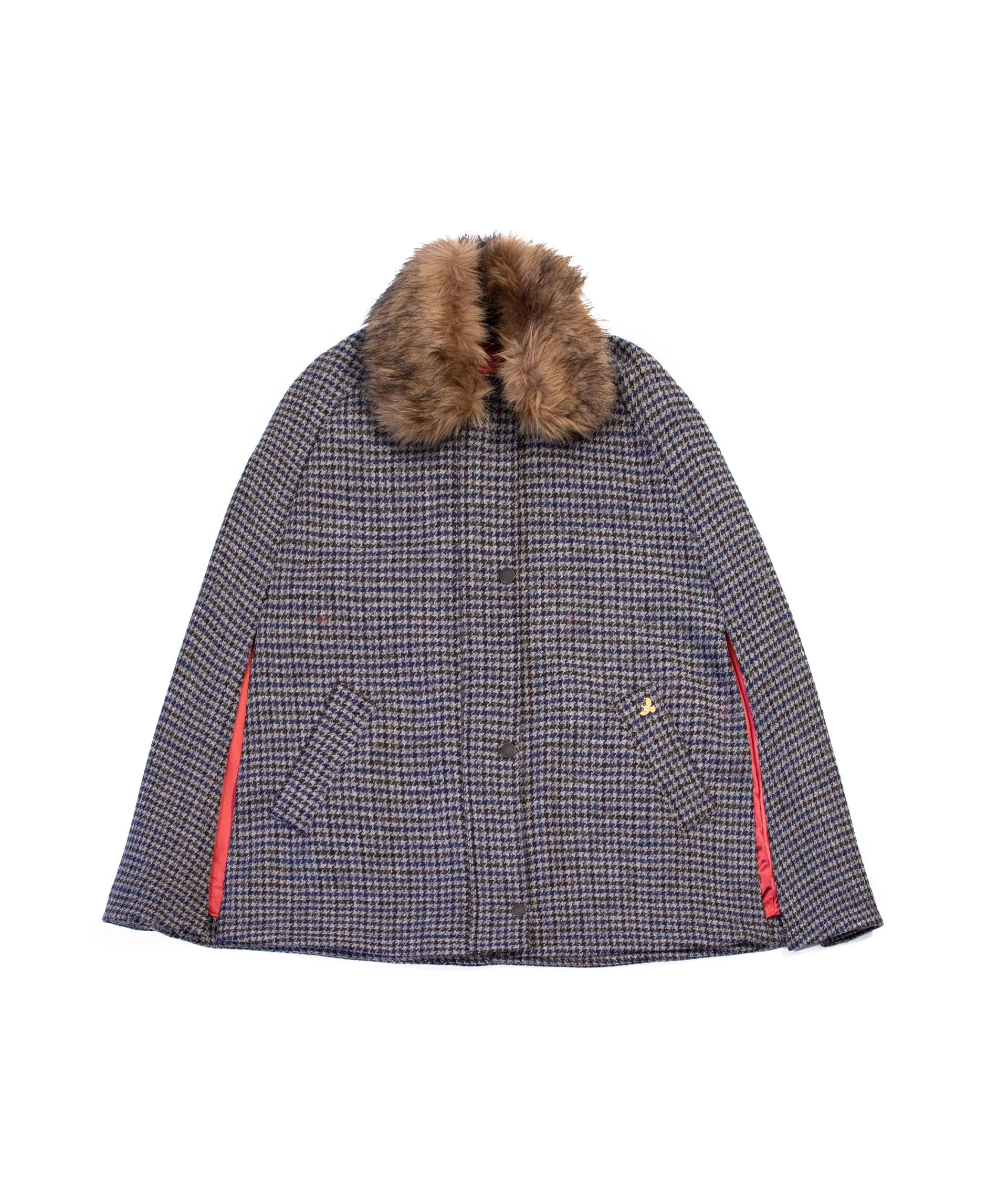 Newbury Tweed Cape with Faux Fur Collar - Navy and Grey Houndstooth