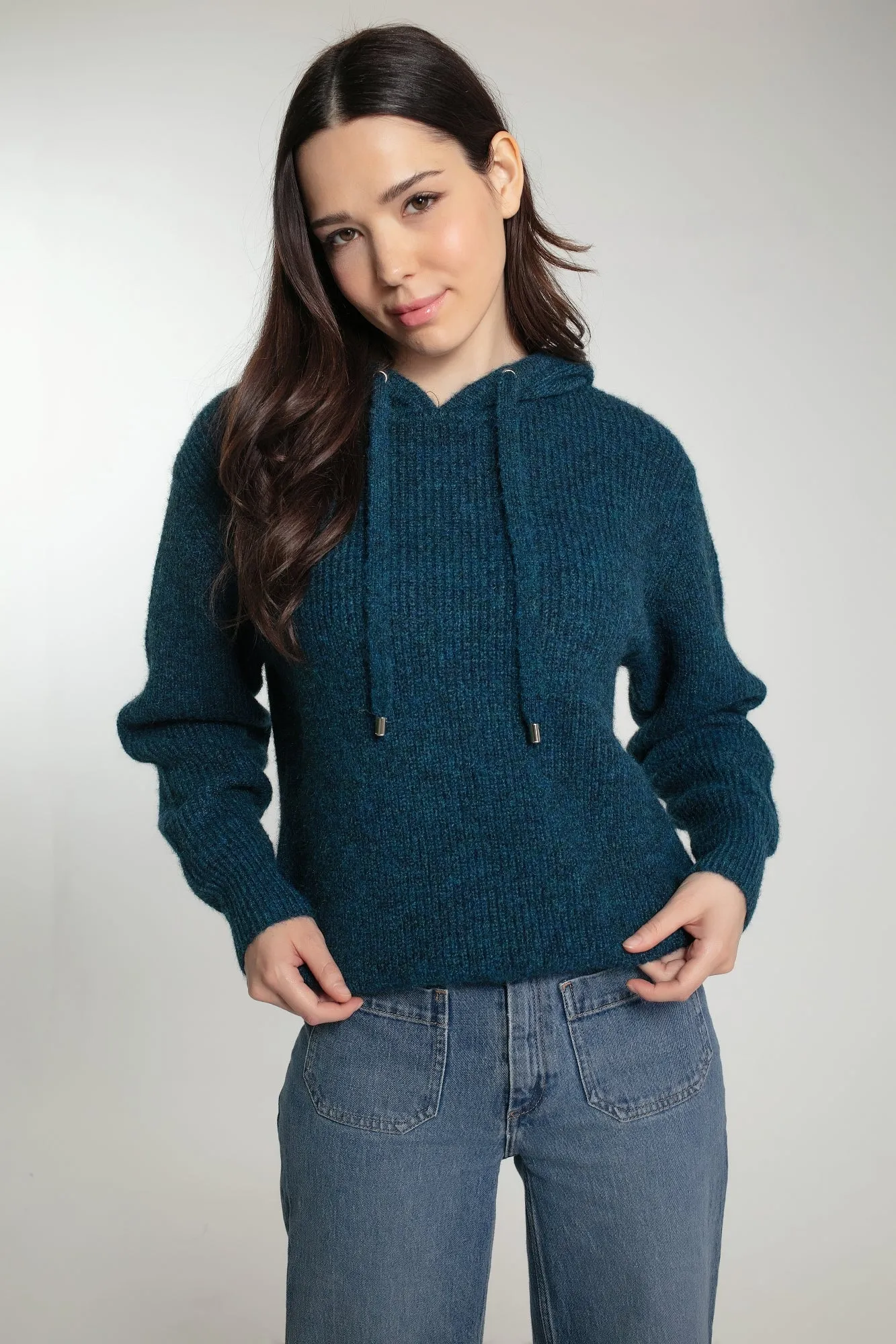 NORWOOD KNITTED HOODIE IN TEAL MIX