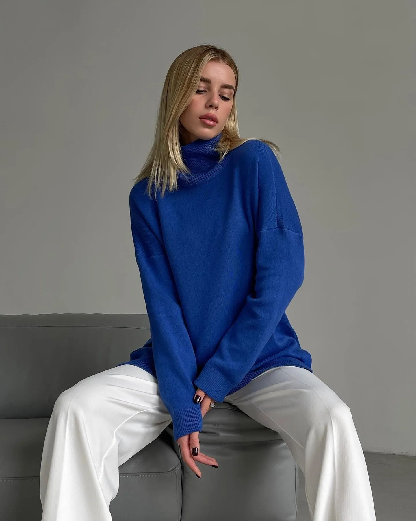 Oversize Turtleneck Long Sleeve Slit Trim Pullover Sweater