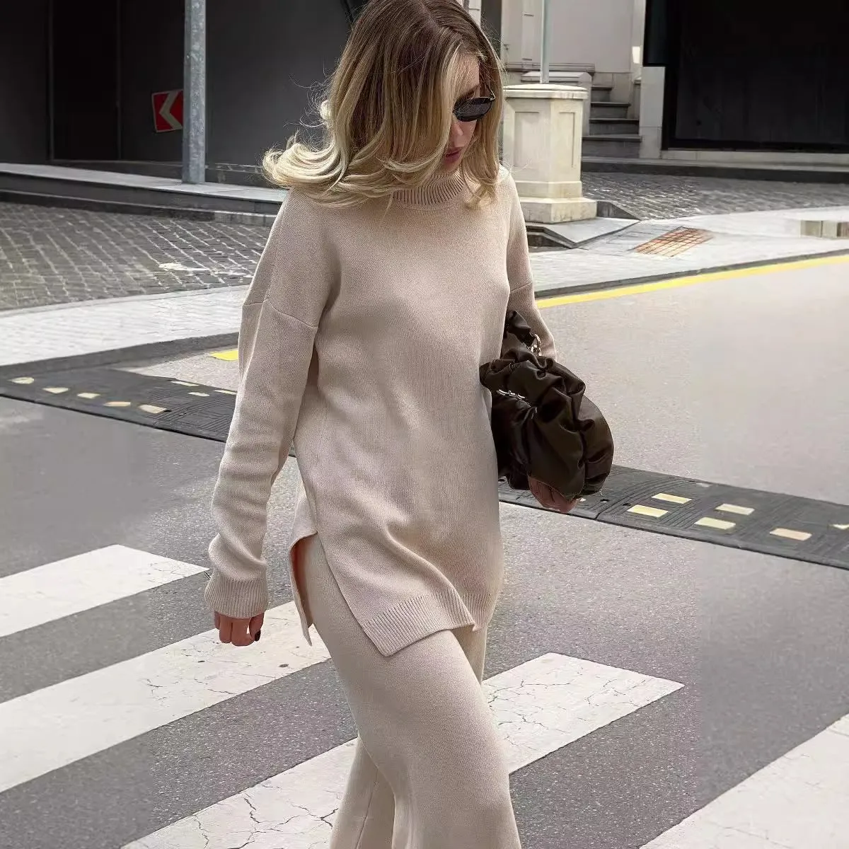 Oversize Turtleneck Long Sleeve Slit Trim Pullover Sweater