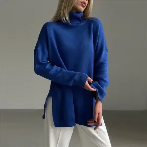 Oversize Turtleneck Long Sleeve Slit Trim Pullover Sweater