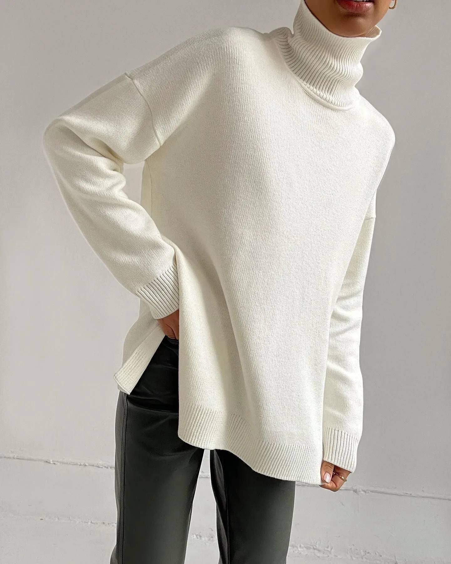 Oversize Turtleneck Long Sleeve Slit Trim Pullover Sweater