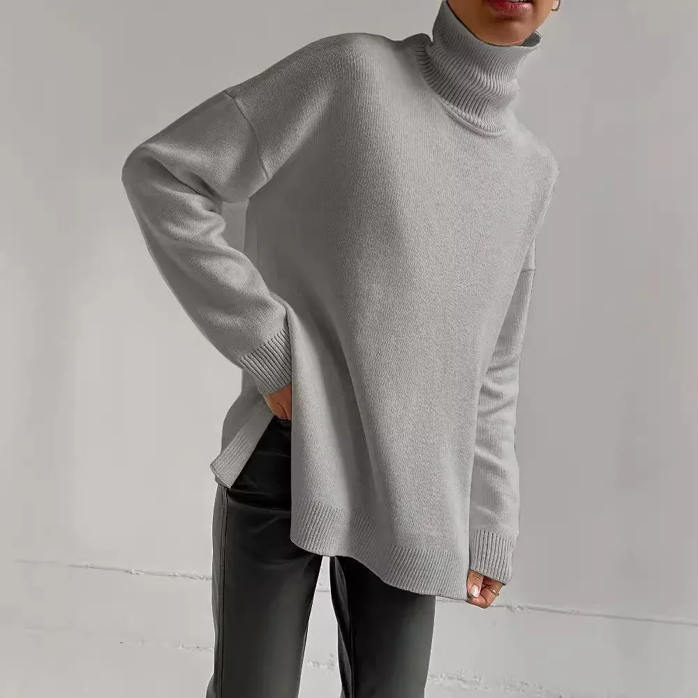 Oversize Turtleneck Long Sleeve Slit Trim Pullover Sweater