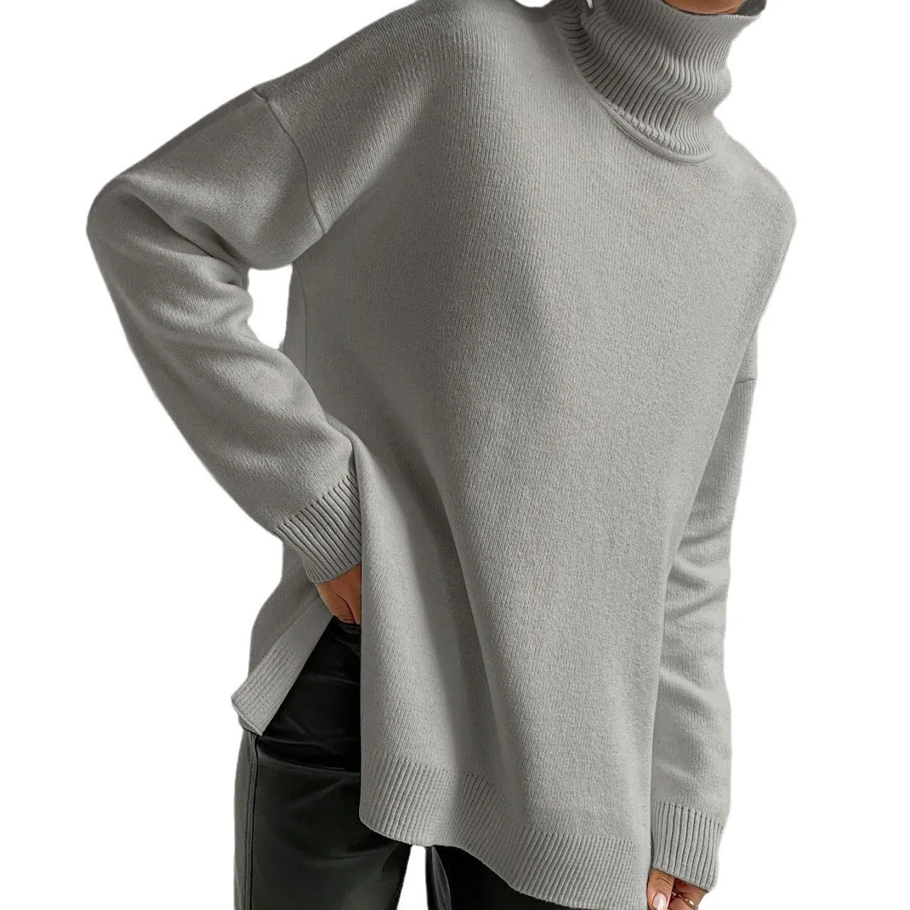 Oversize Turtleneck Long Sleeve Slit Trim Pullover Sweater