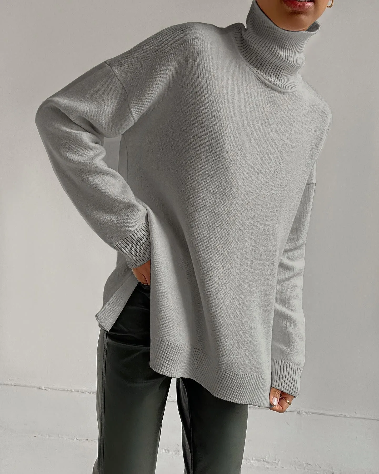 Oversize Turtleneck Long Sleeve Slit Trim Pullover Sweater