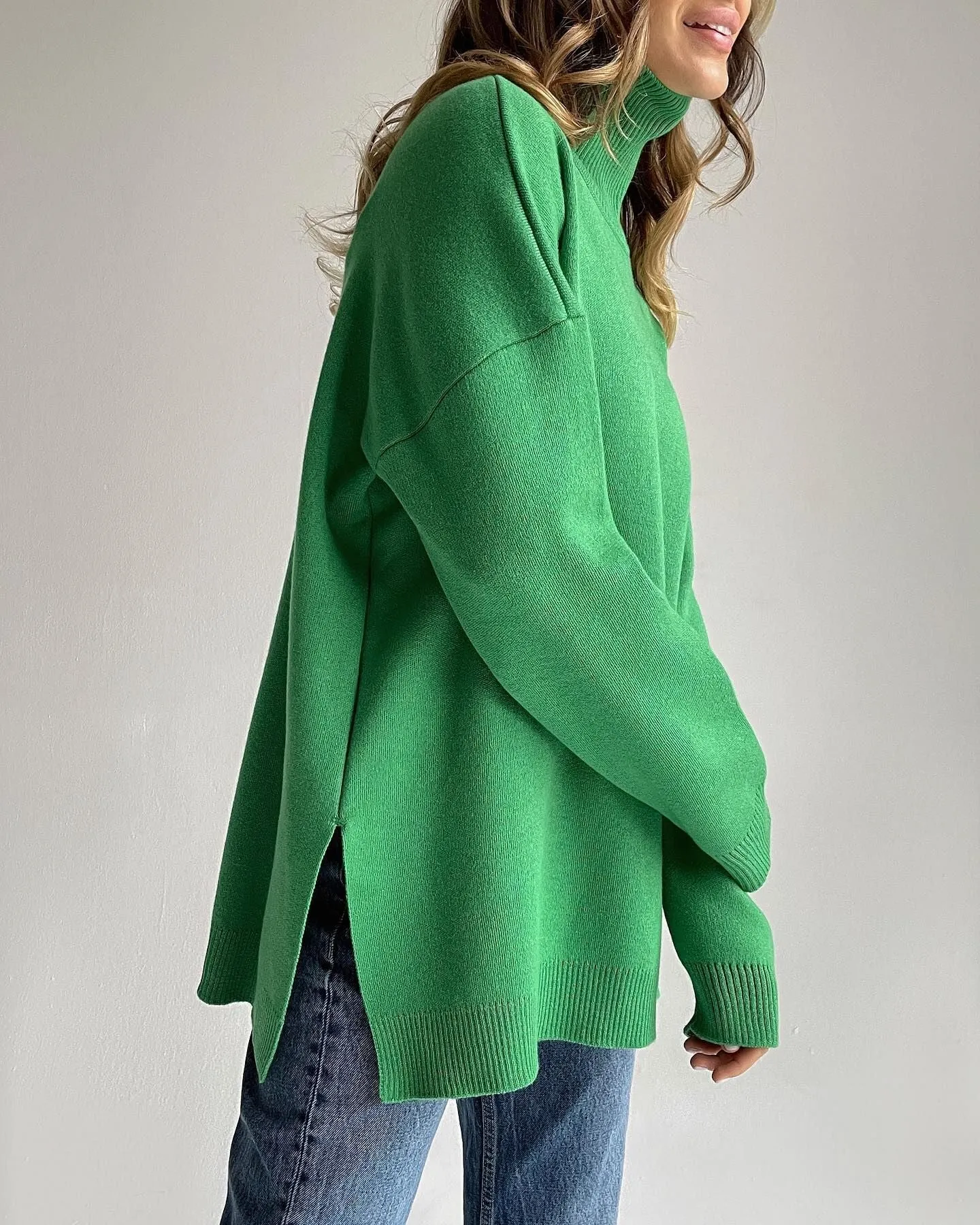 Oversize Turtleneck Long Sleeve Slit Trim Pullover Sweater