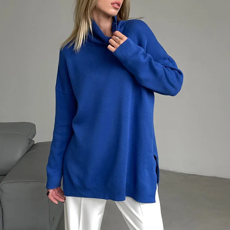 Oversize Turtleneck Long Sleeve Slit Trim Pullover Sweater