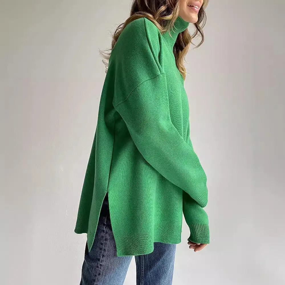 Oversize Turtleneck Long Sleeve Slit Trim Pullover Sweater