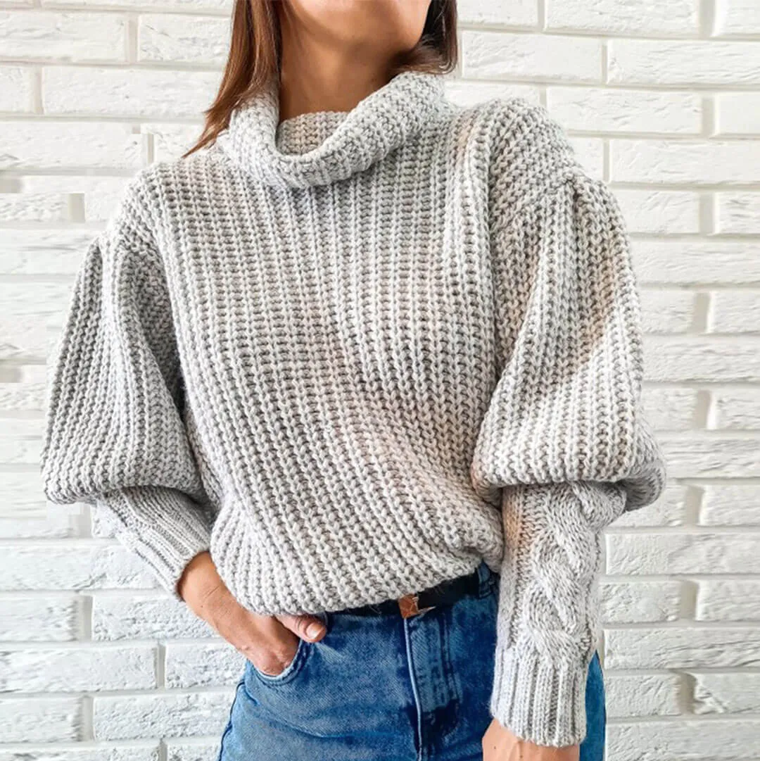 Oversized Cable Knit Trim Bishop Sleeve Turtleneck Sweater - Gray