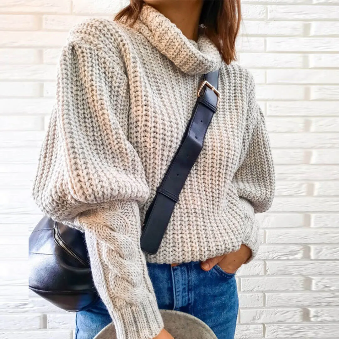 Oversized Cable Knit Trim Bishop Sleeve Turtleneck Sweater - Gray