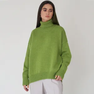 Oversized Rib Knit High Low Turtleneck Long Sleeve Sweater - Olive