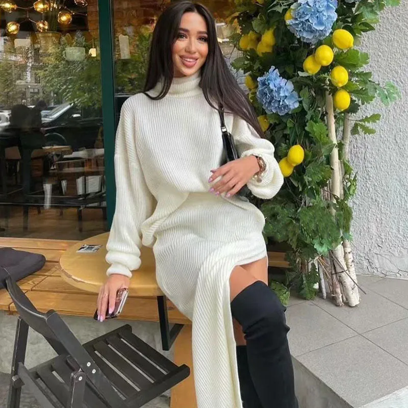 Oversized Turtleneck Sweater High Split Midi Skirt Matching Set - White