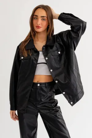 Oversized Vegan Leather Button-Up Jacket