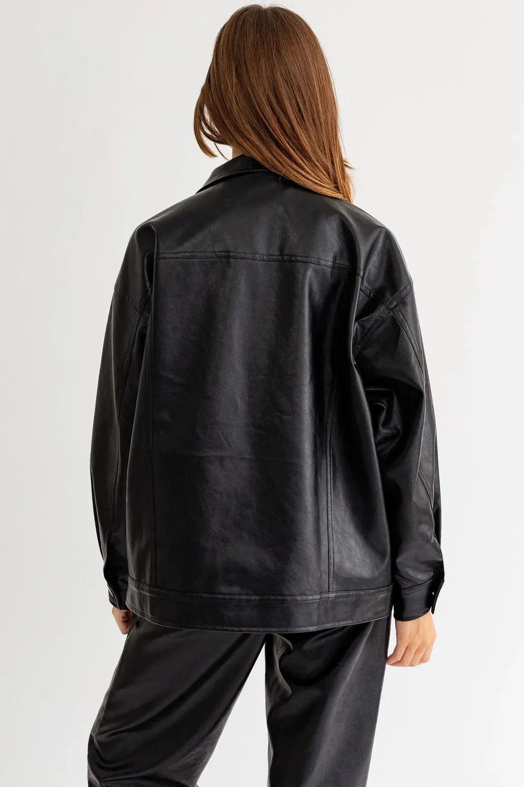 Oversized Vegan Leather Button-Up Jacket