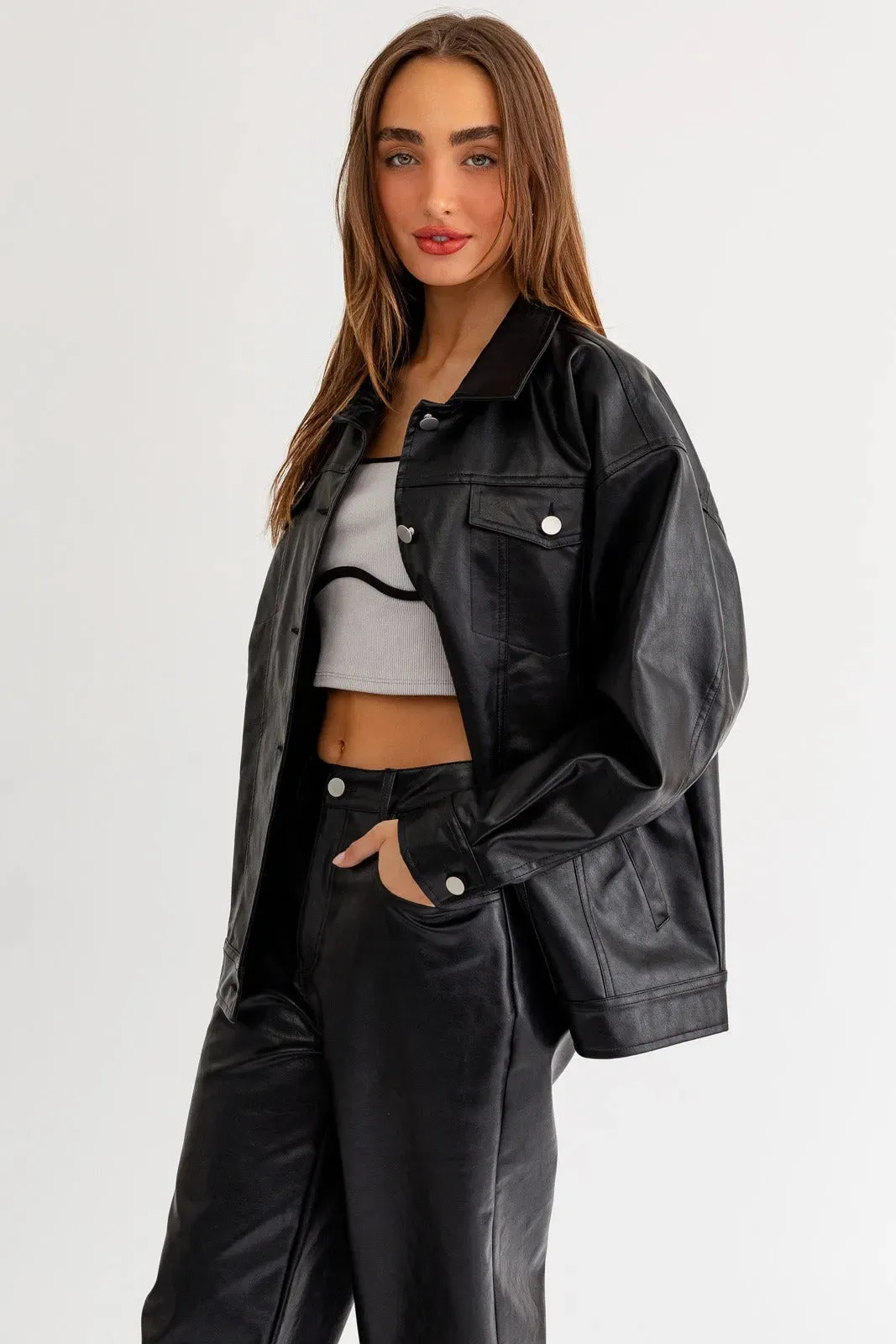 Oversized Vegan Leather Button-Up Jacket