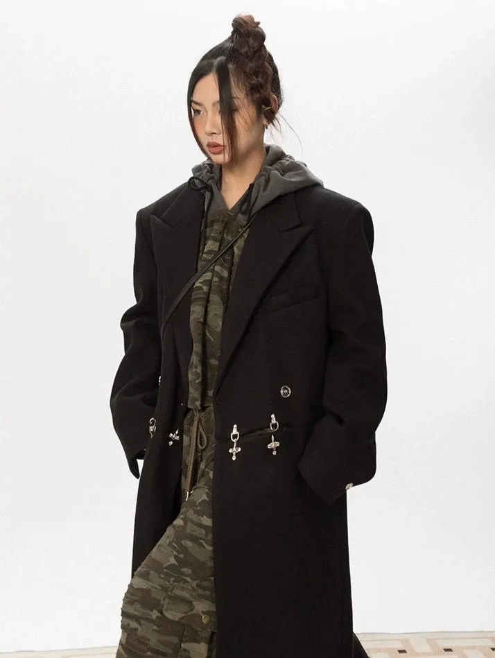 Oversized Wool Long Coat with Charm Details