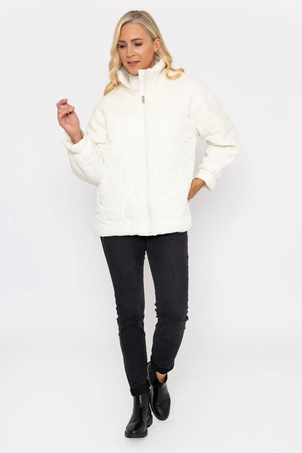 Quilted Jacket With Contrast Fabric in Ecru