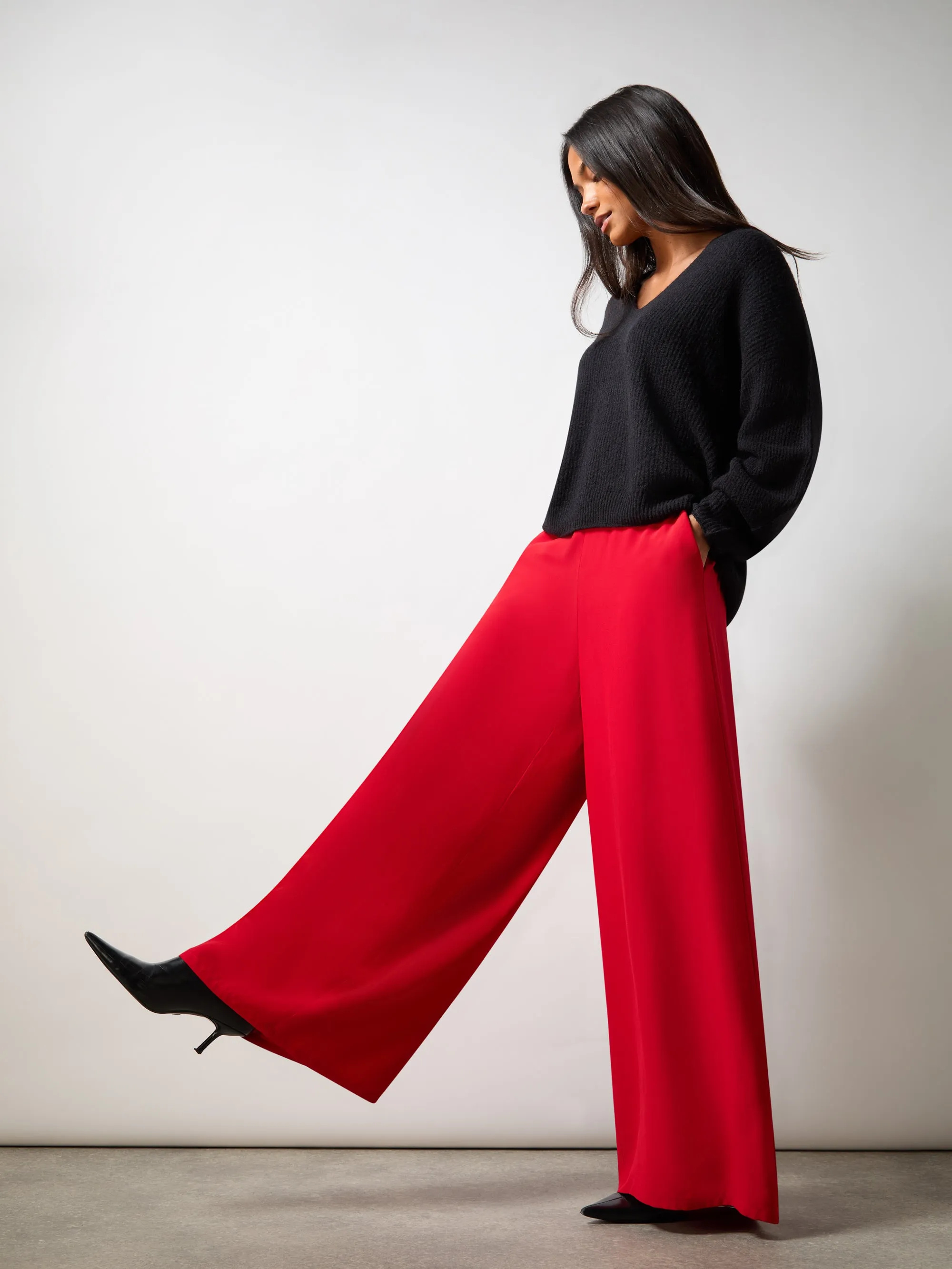 Red Crepe Wide Leg Trouser