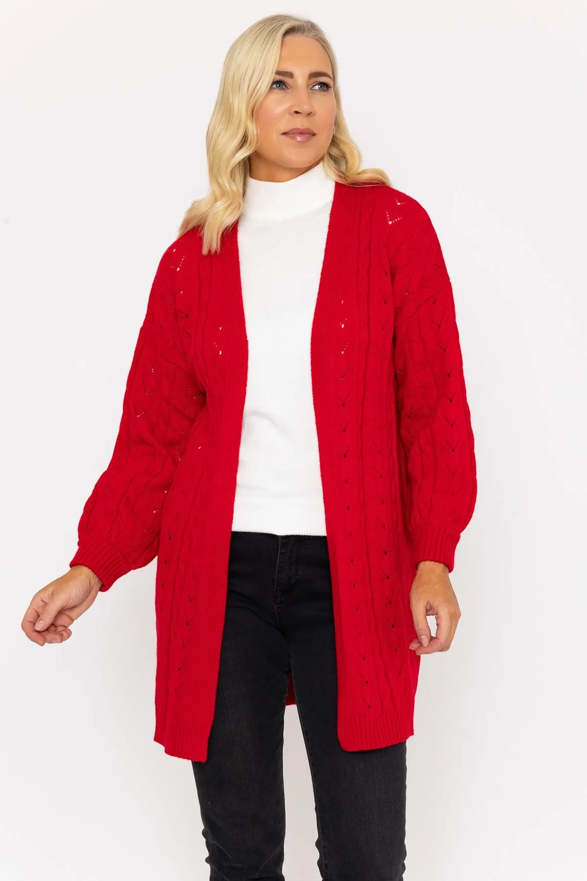 Red Longline Pointelle Cardigan