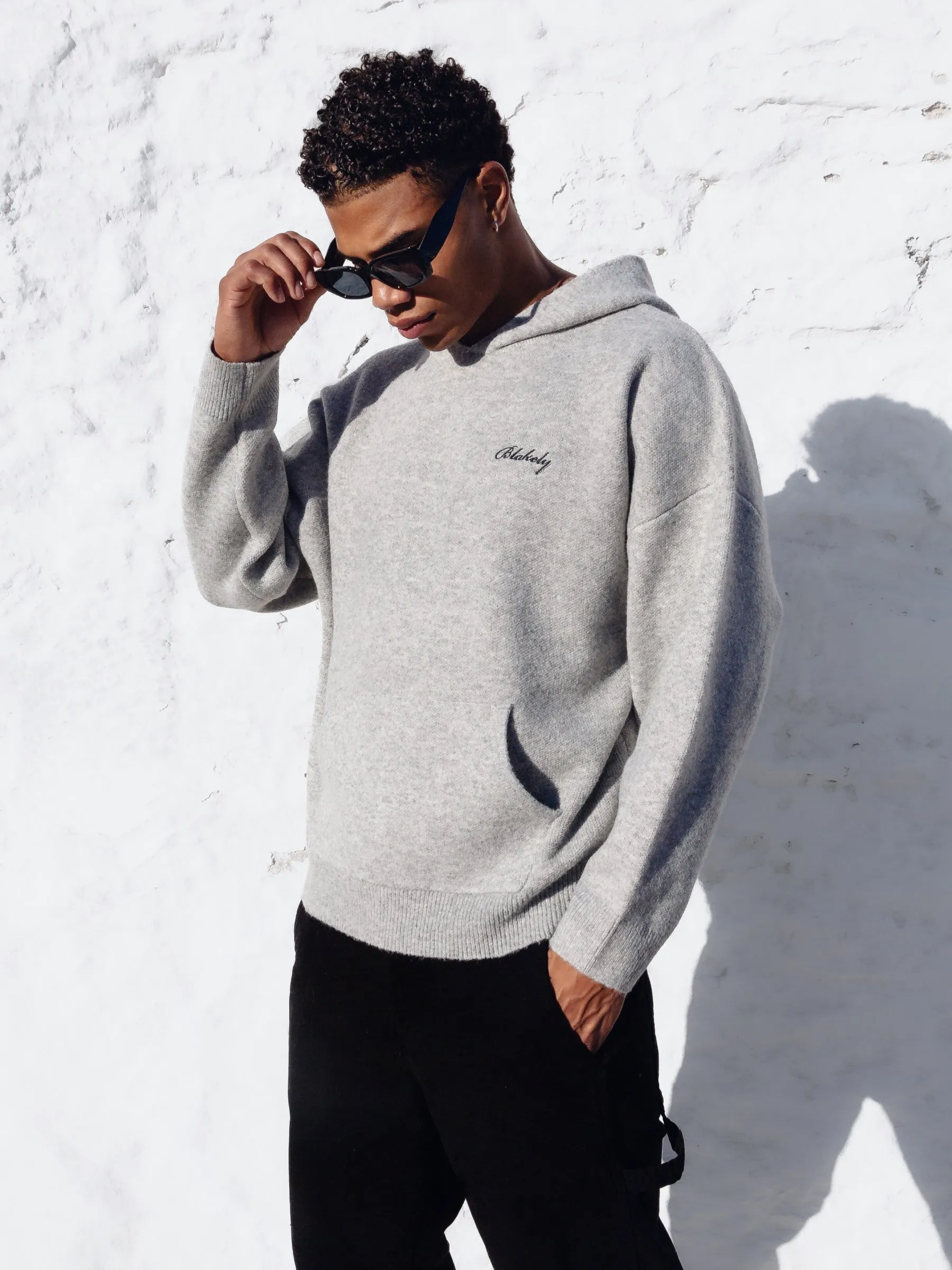 Relaxed Knitted Hoodie - Marl Grey