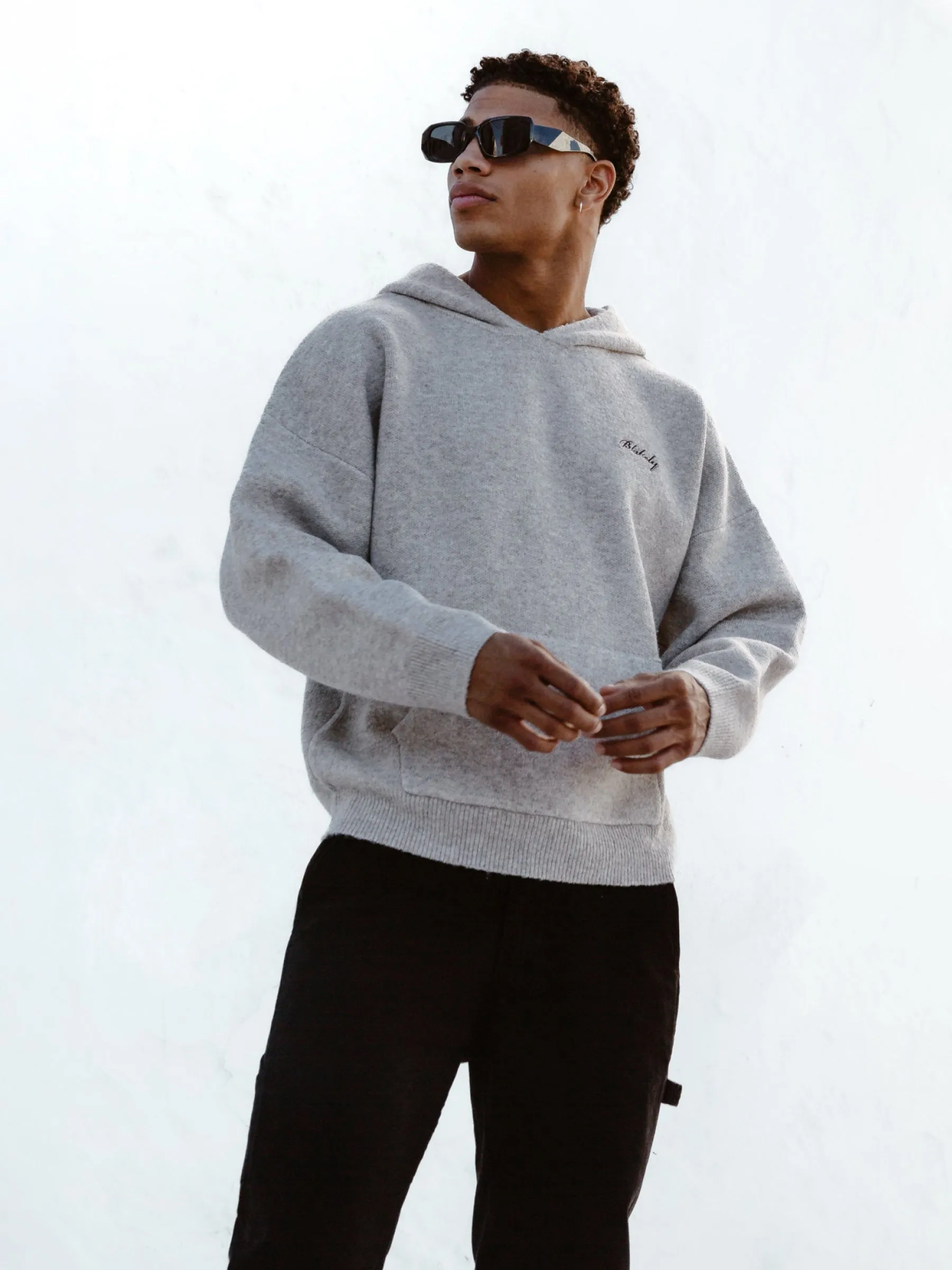 Relaxed Knitted Hoodie - Marl Grey