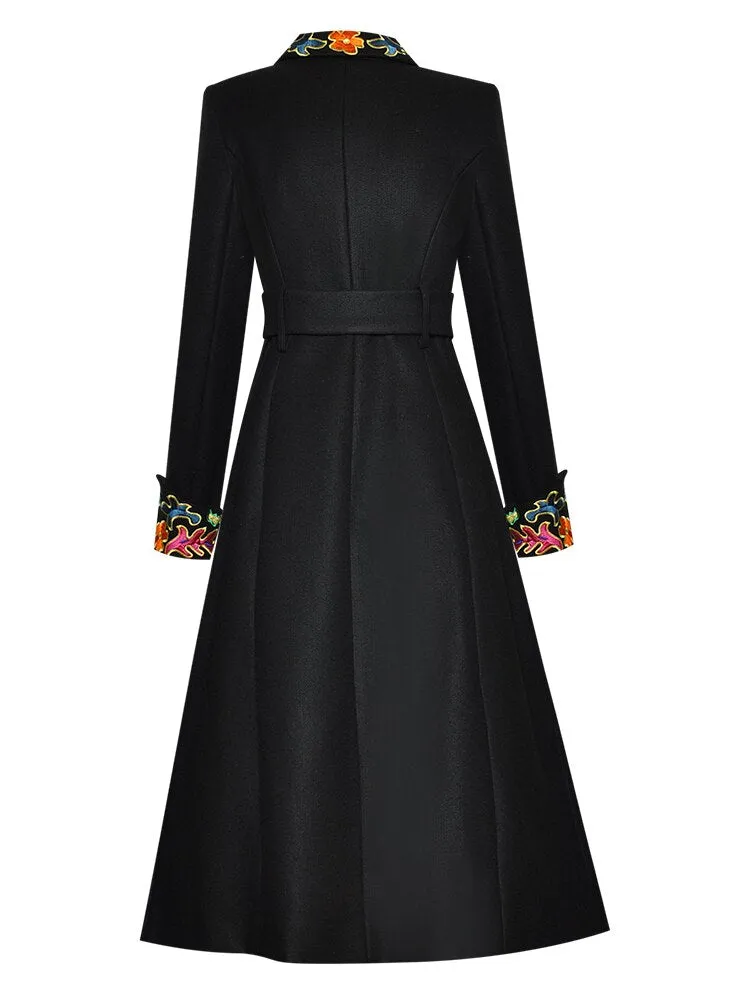 Single-breasted Embroidered Women's Woolen Overcoat