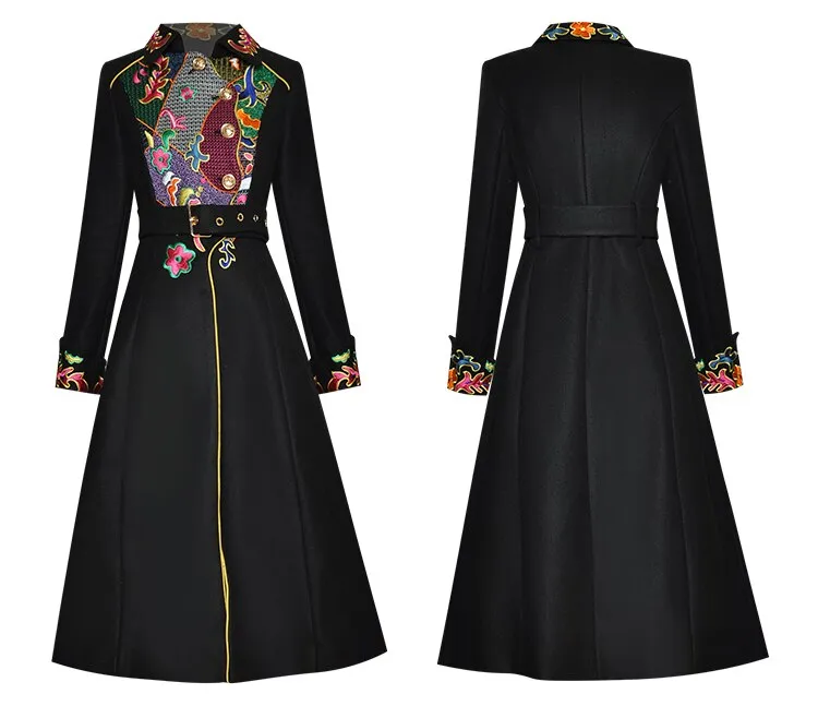 Single-breasted Embroidered Women's Woolen Overcoat