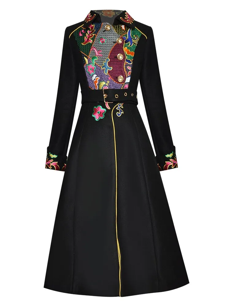 Single-breasted Embroidered Women's Woolen Overcoat