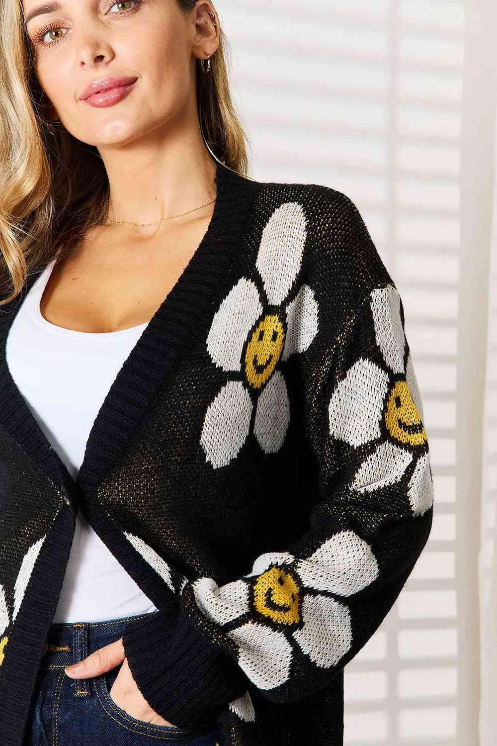 Smiley Face Flower Button Down Longline Cardigan