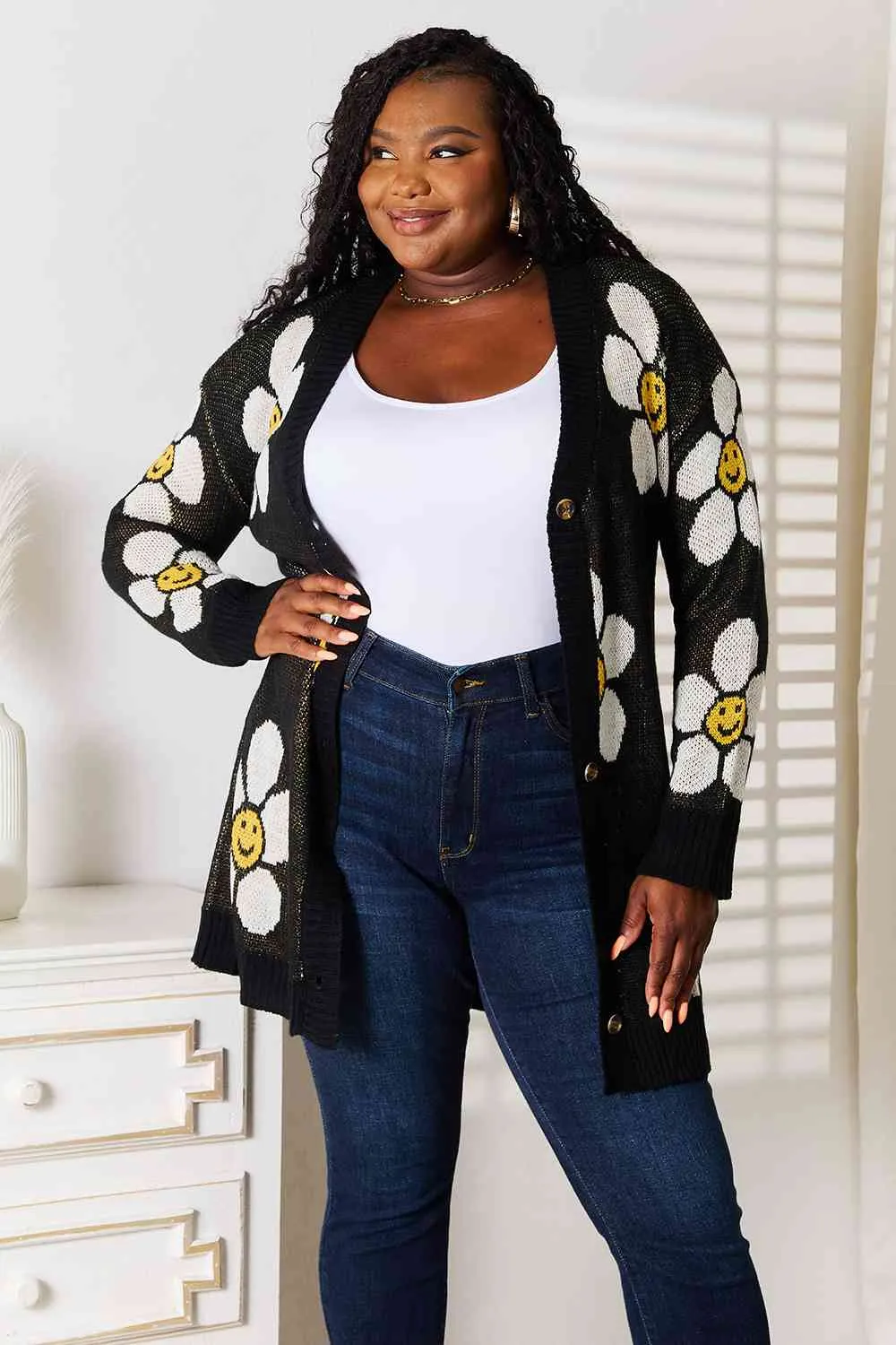 Smiley Face Flower Button Down Longline Cardigan