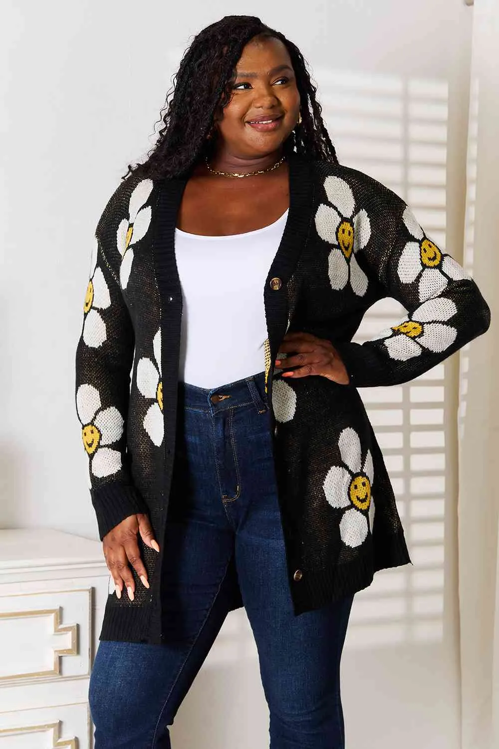 Smiley Face Flower Button Down Longline Cardigan