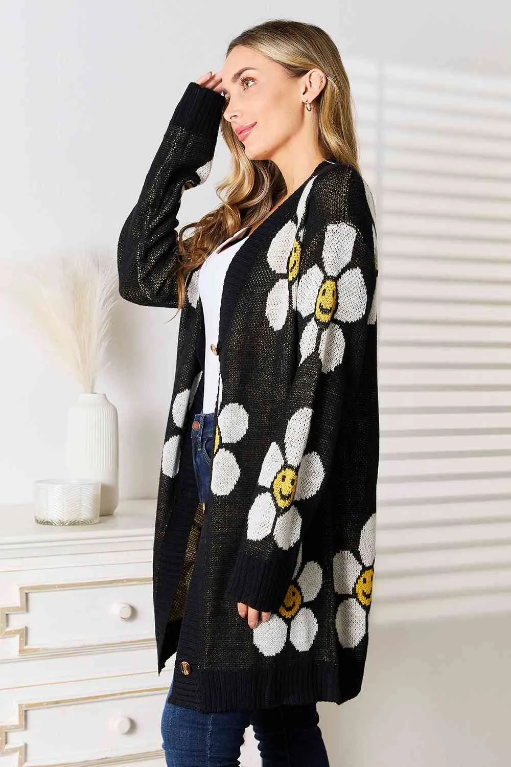 Smiley Face Flower Button Down Longline Cardigan